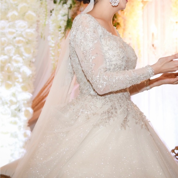 Iridescent wedding dress with beading and embroidery trim with veil